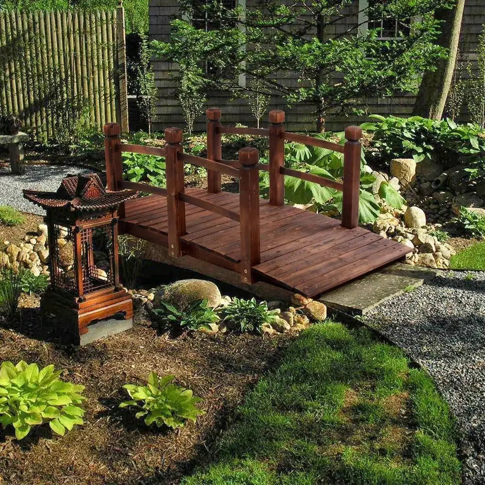 Wooden Garden Bridge With Double Rails Walkway Outdoors