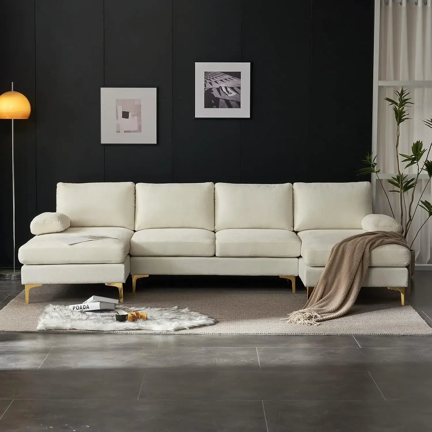 U-Shape Convertible Sectional Sofa 4-Seat Couch With Chaise Chenille Fabric