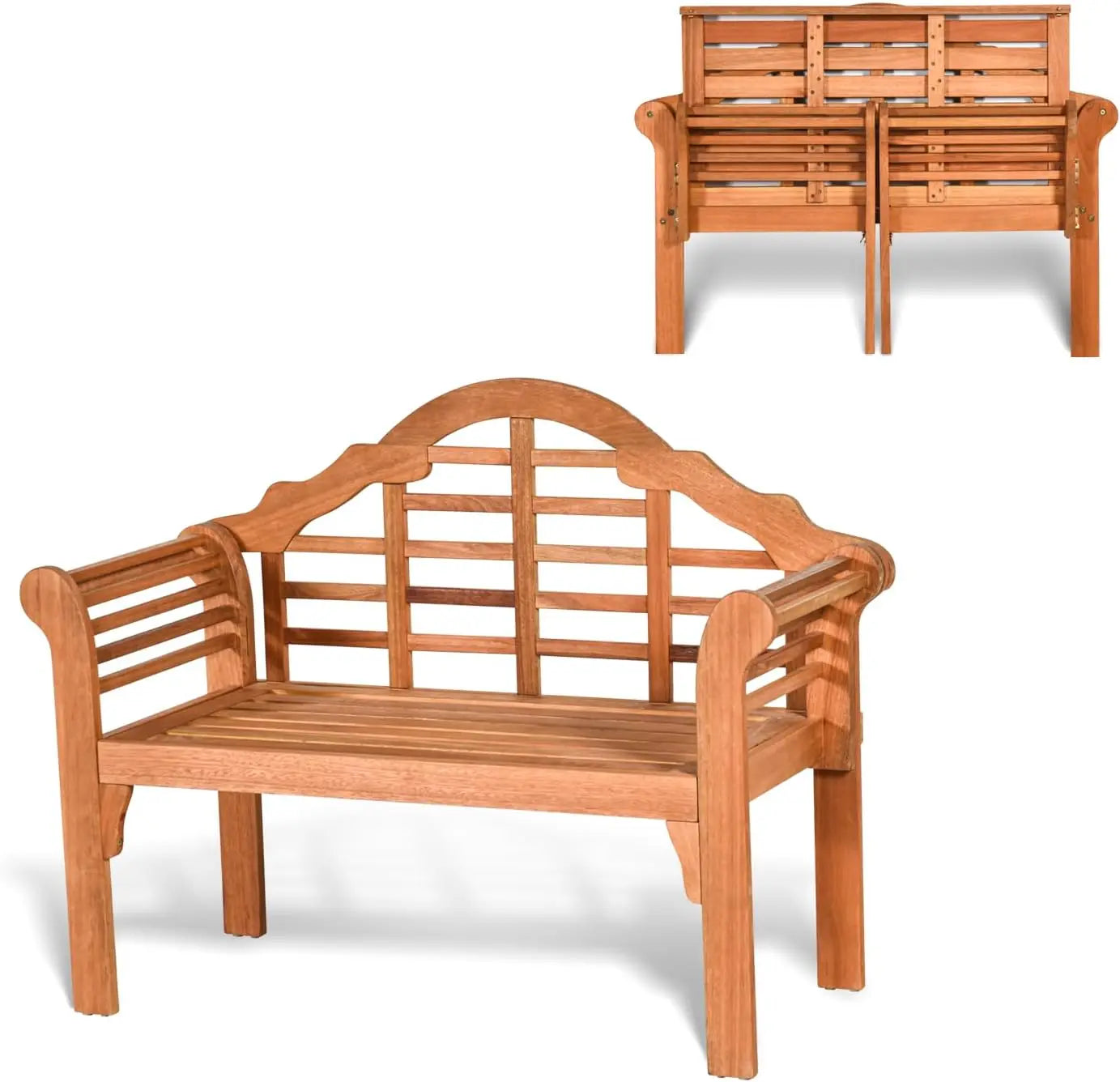 Outdoor Wooden Bench With Curved Armrests And Backrest