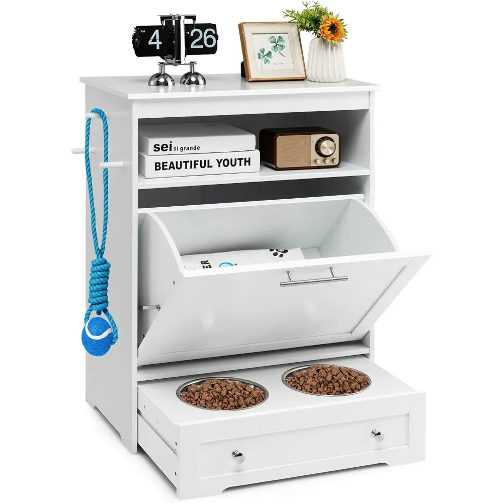 Pet Feeder Station With Double Pull Out Bowls And Dog Food Storage Cabinet