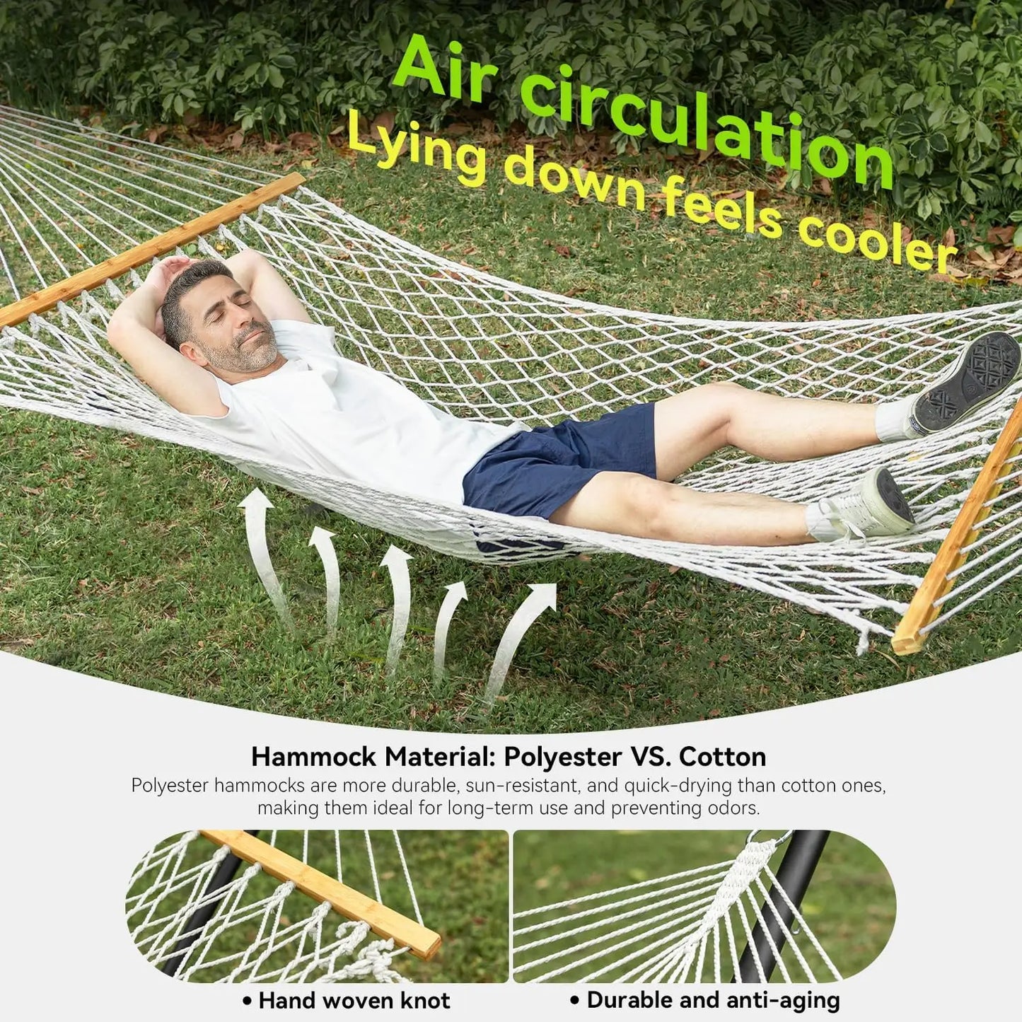 Double Hammock for Two, Handwoven Rope with Spreader Bar - Indoor Outdoor Patio Poolside Backyard Use