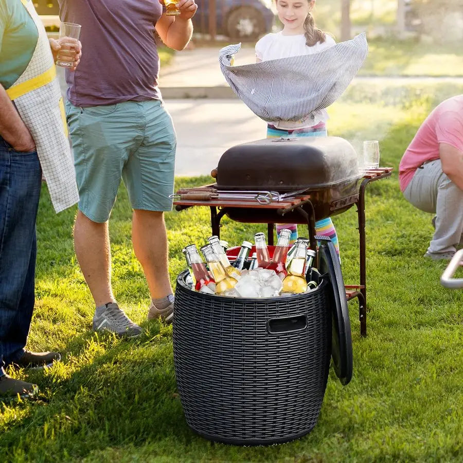 Outdoor Wicker Bar Table With Ice Cooler And Ice Bucket