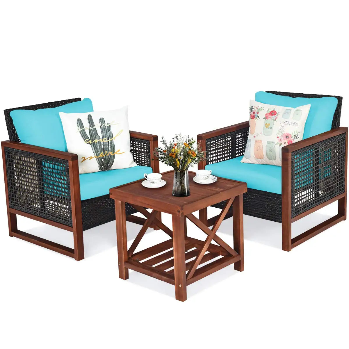 XIAOLANG Patio Wicker Furniture Set Cushions And Acacia Coffee Table