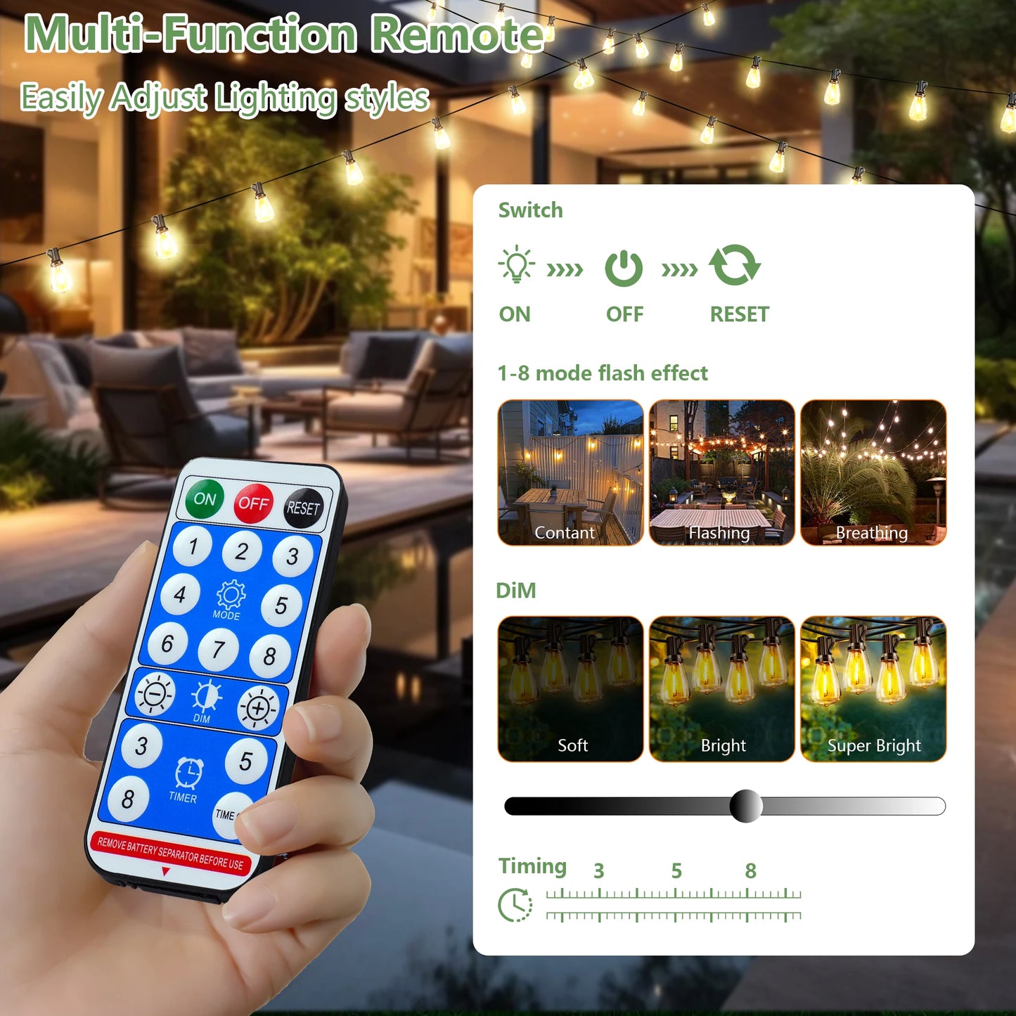 ARLGSITE Solar Outdoor String Lights IP65 Waterproof Remote Dimmable