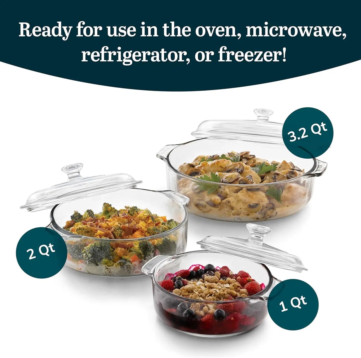 3 Piece Glass Casserole Baking Dish Set With Lids Oven Safe