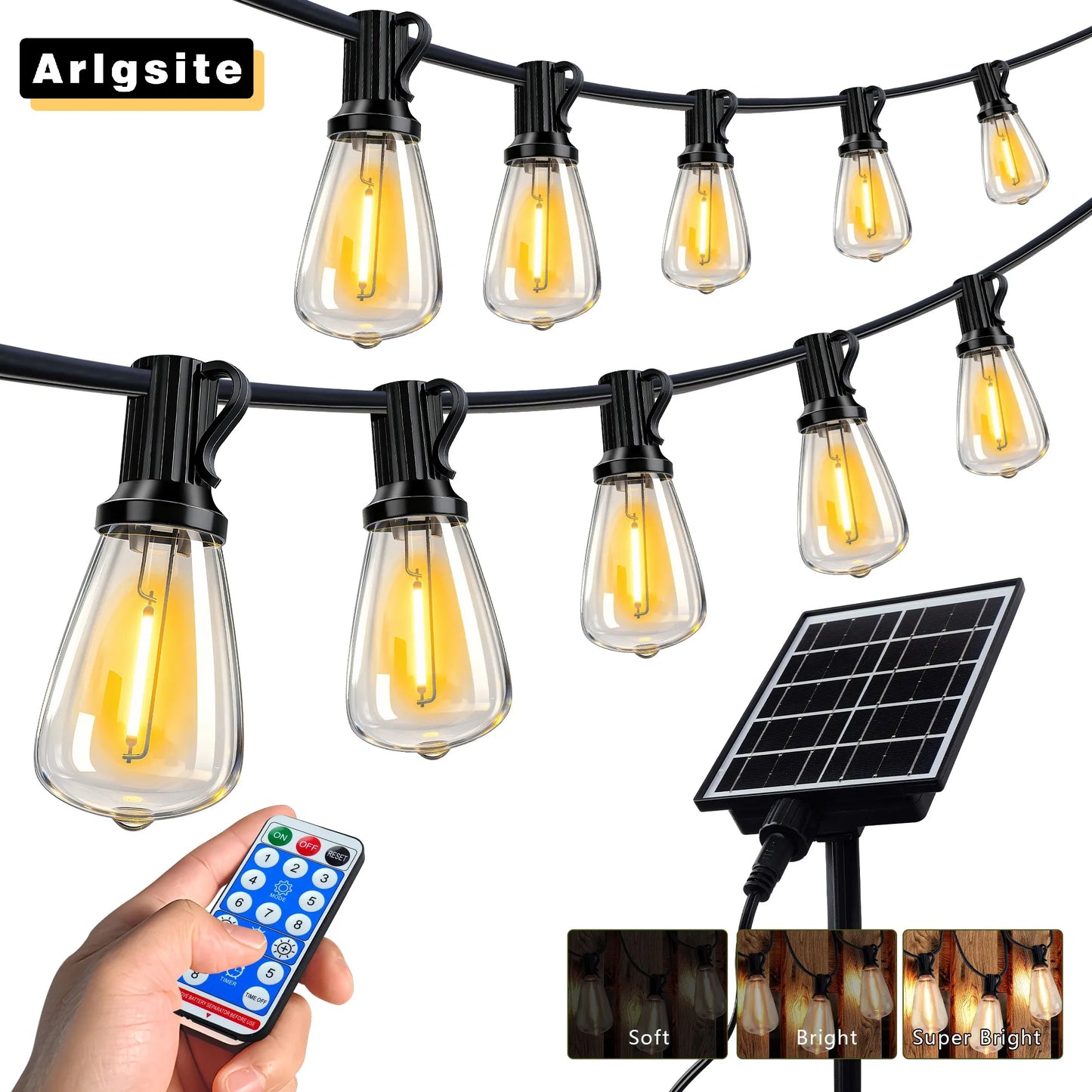 ARLGSITE Solar Outdoor String Lights IP65 Waterproof Remote Dimmable