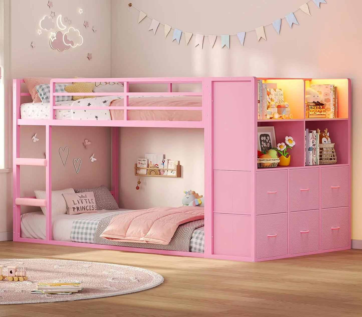 Twin Over Twin Bunk Bed With Fabric Drawers And Wooden Storage Shelves