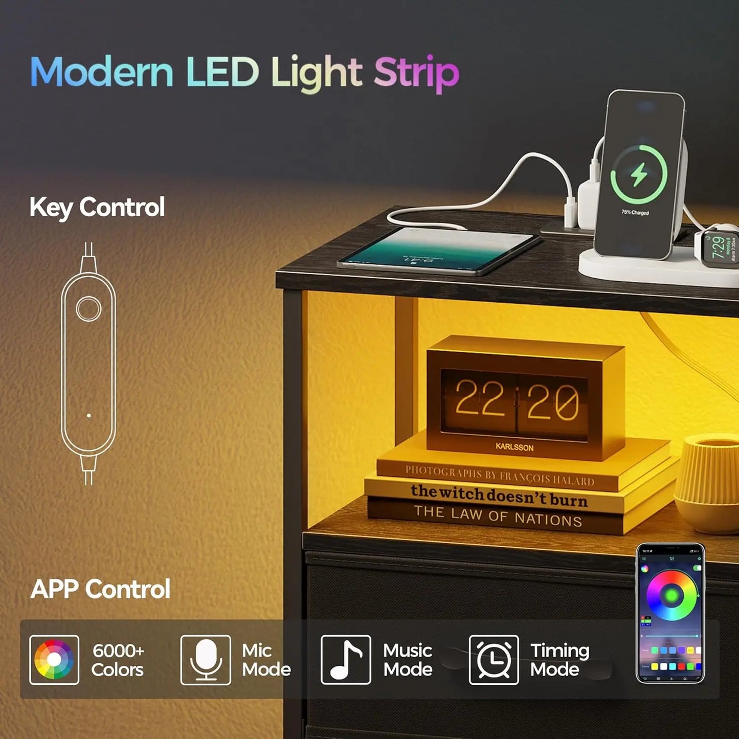2-Piece Nightstand Set With Charging Station LED Lights