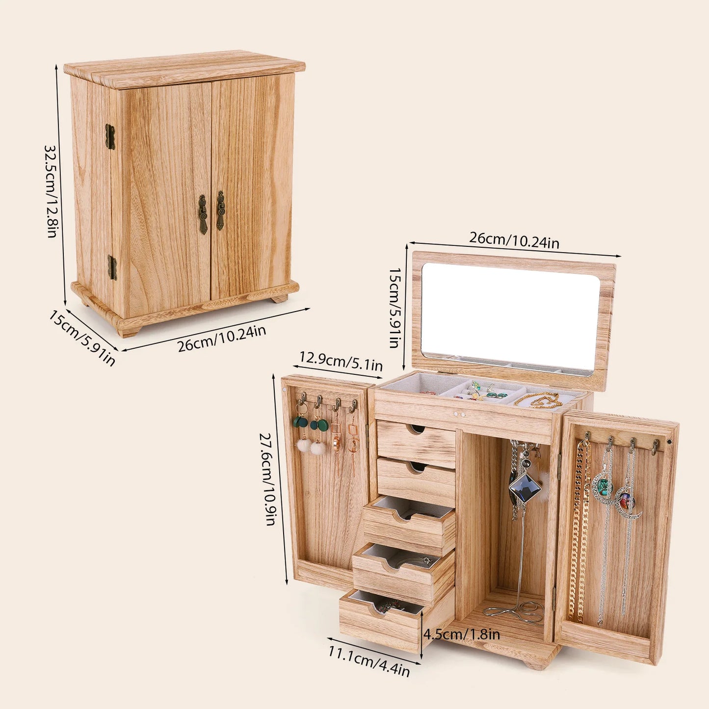 Wood Jewelry Box Organizer With Drawers And Mirror