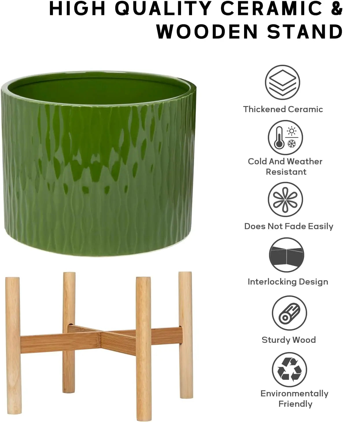 Ceramic Plant Pot With Wood Stand For Indoor Outdoor Use
