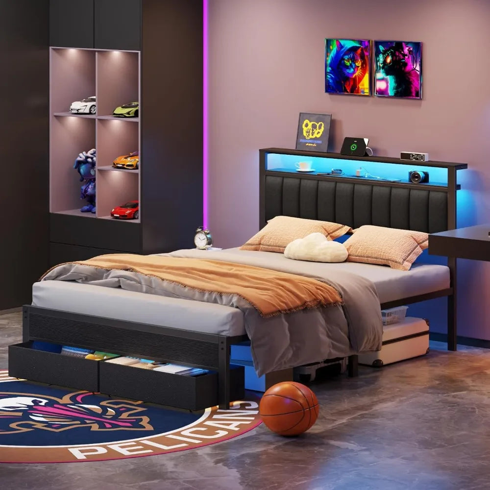 Bed Frame With Charging Station And LED Lights With Shelves