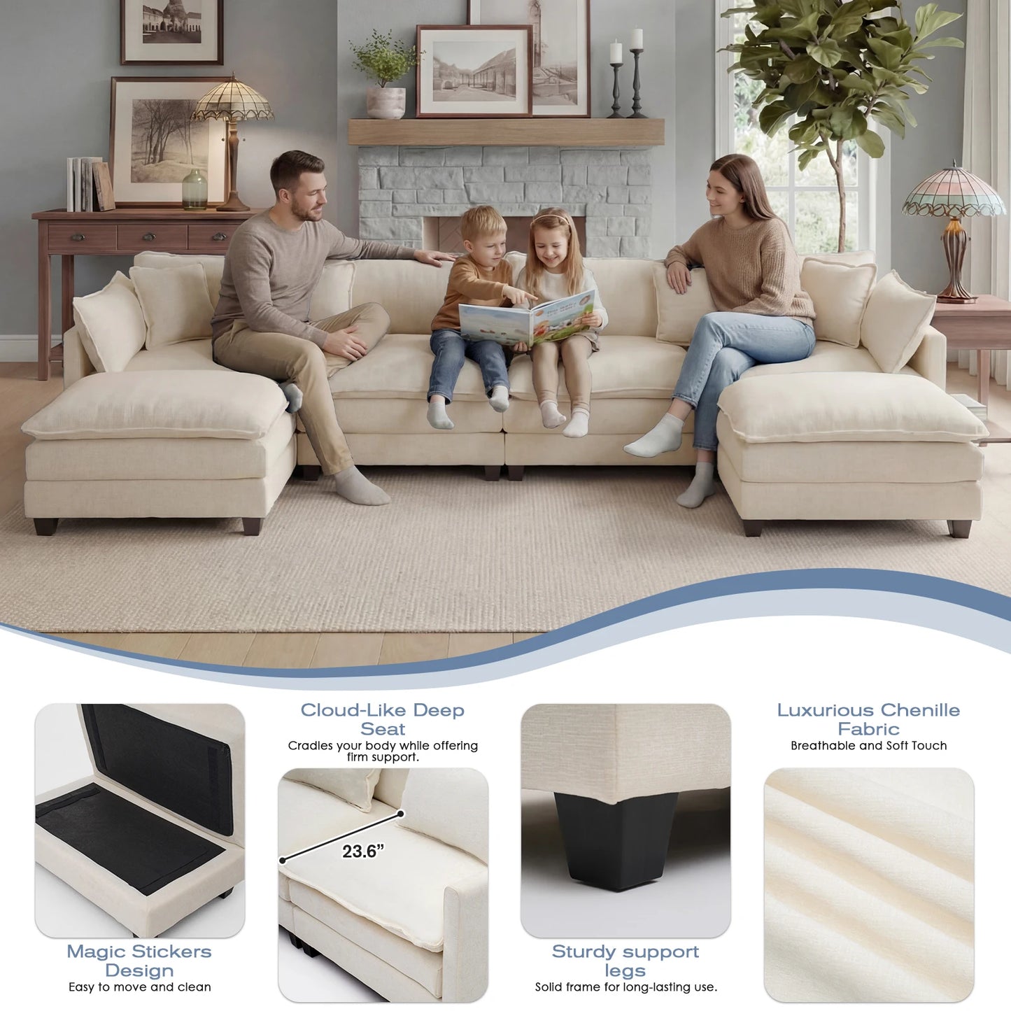 Redlife Modern Modular Sectional Sofa With Ottoman And Deep Seat