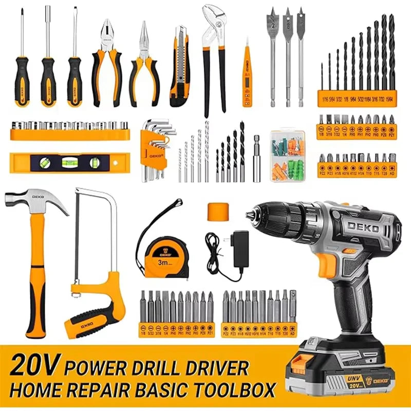 DEKO 20V Cordless Drill Kit With Battery and LED Light