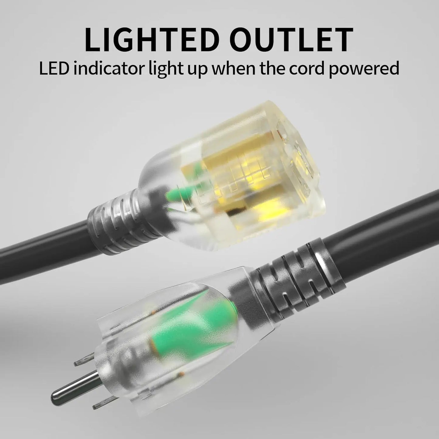 Outdoor Extension Cord Heavy Duty Waterproof 3 Prong Lighted Indicator