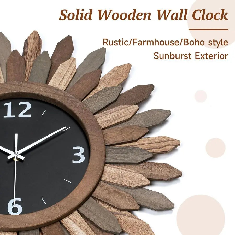 Rustic Wood Boho Sunburst Wall Clock Quiet Quartz Movement
