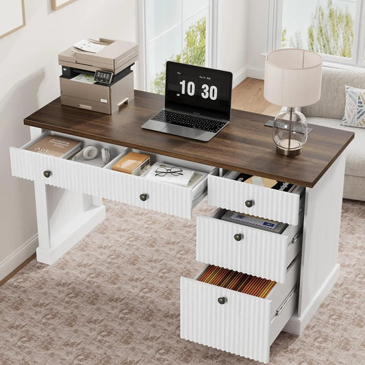 HiMISS Modern Executive Desk With Charging Station And File Cabinet