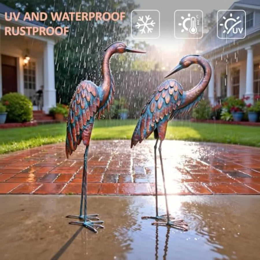 SHXI Metal Crane Statues Set Of 2 Bronze Heron Garden Decor Outdoor Weatherproof