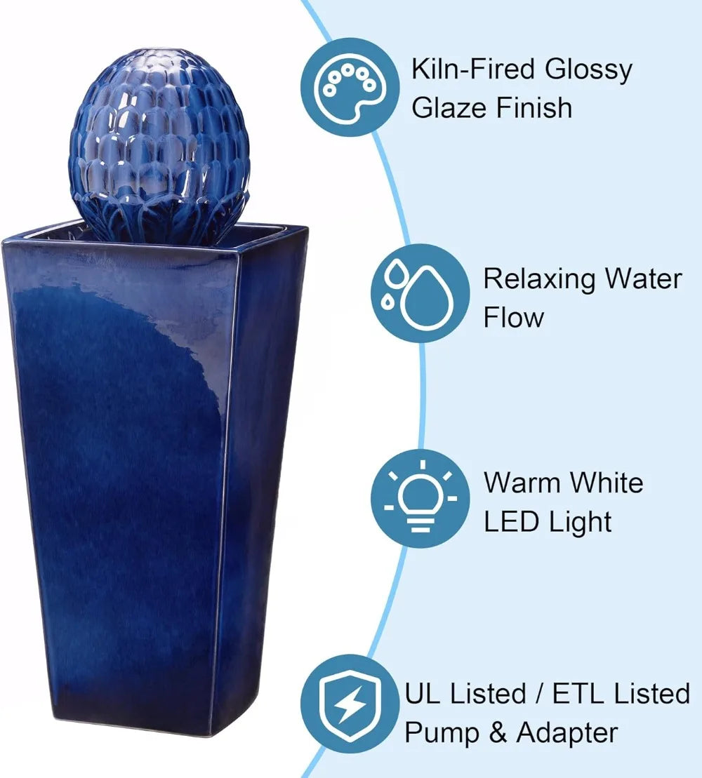 Ceramic Outdoor Water Fountain With LED Light For Garden Patio