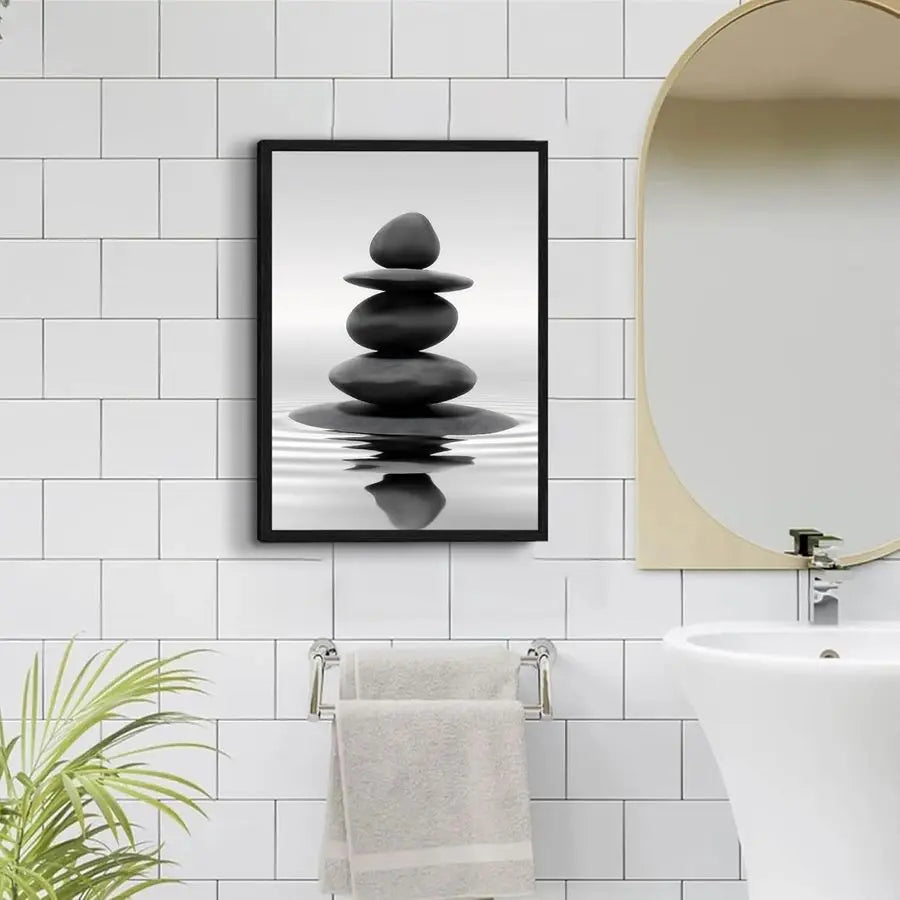Zen Stones Water Reflection Framed Bathroom Wall Art