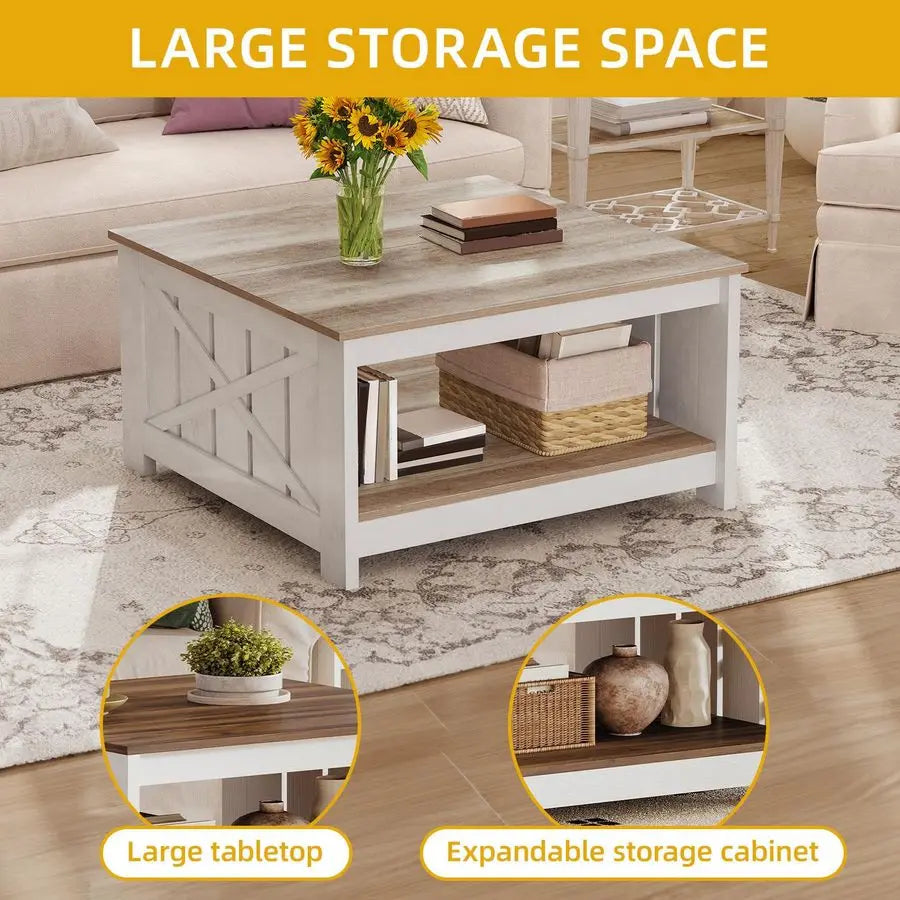 Square Farmhouse Coffee Table With Storage Two Tier Wood