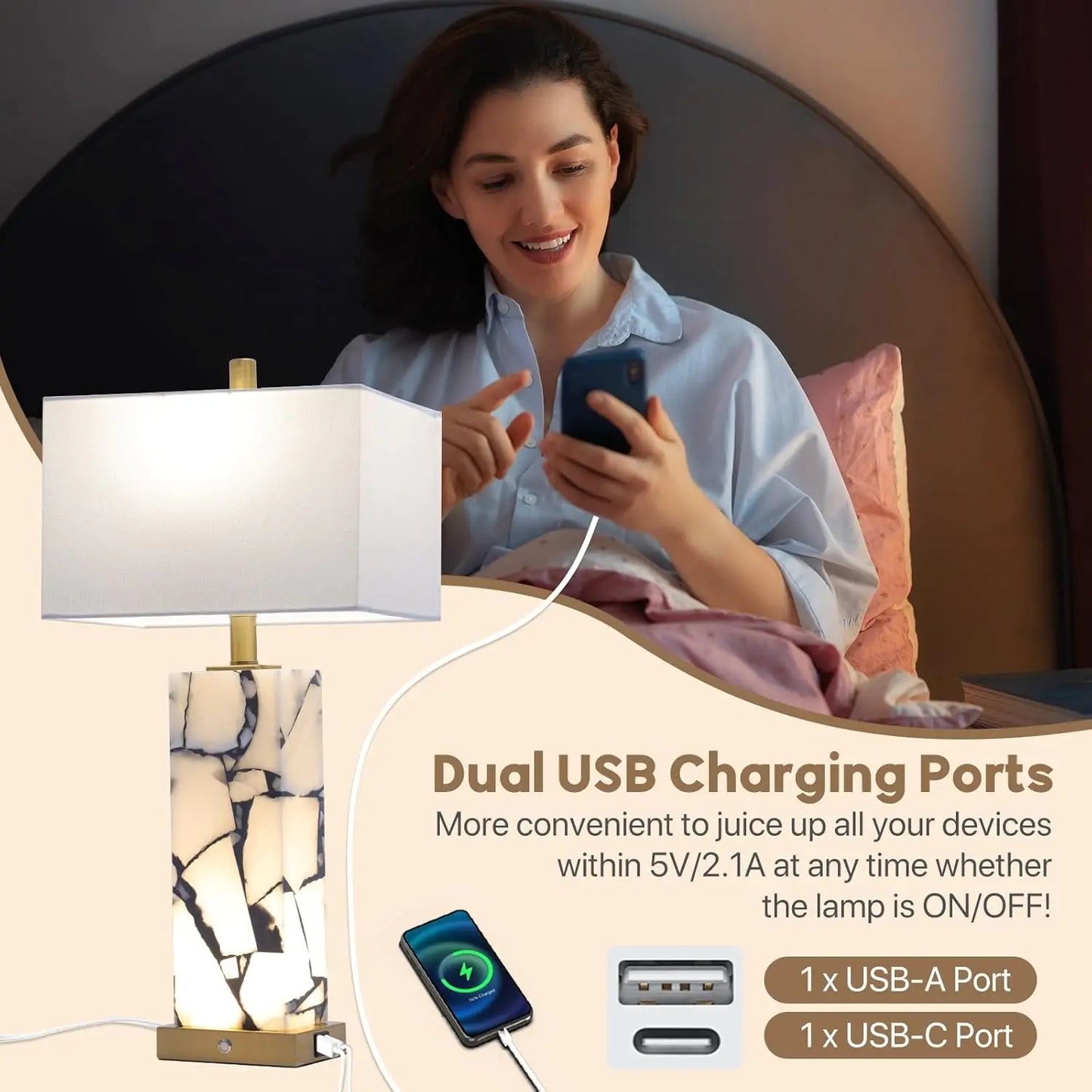 Natural Marble Table Lamps Set Of 2 With USB Ports