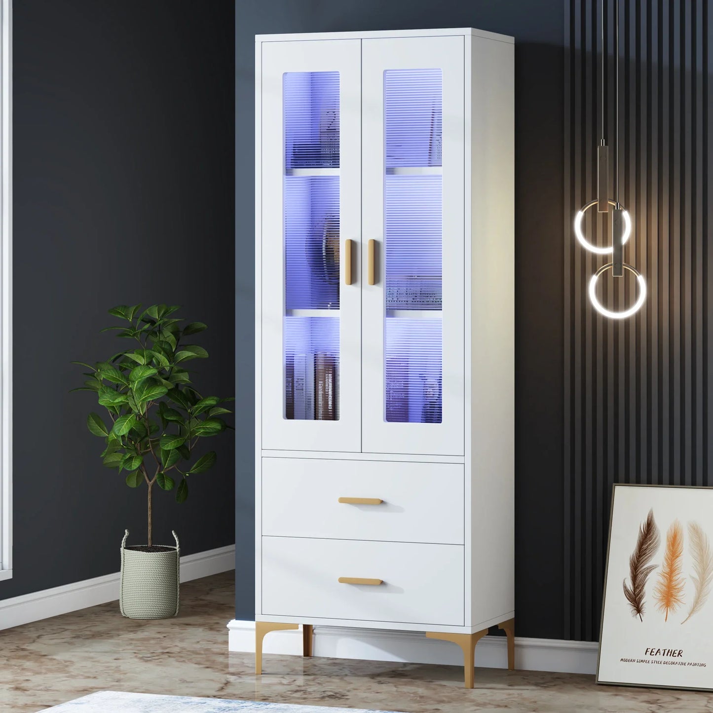 Tribesigns Bookcase With Led Light Doors And Storage Drawers