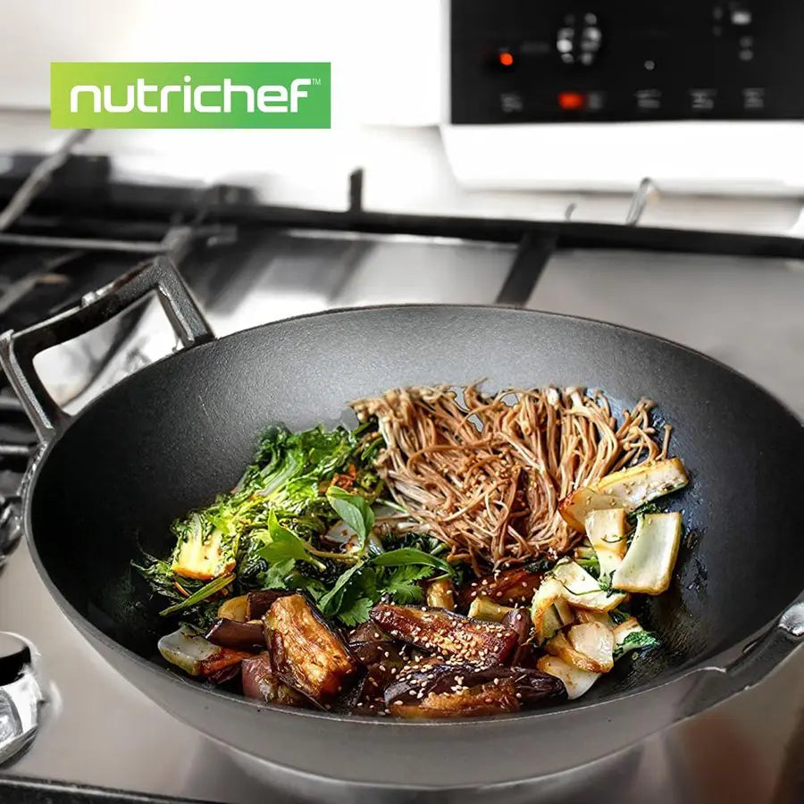 Cast Iron Wok With Wooden Lid Preseasoned For Stir Fry