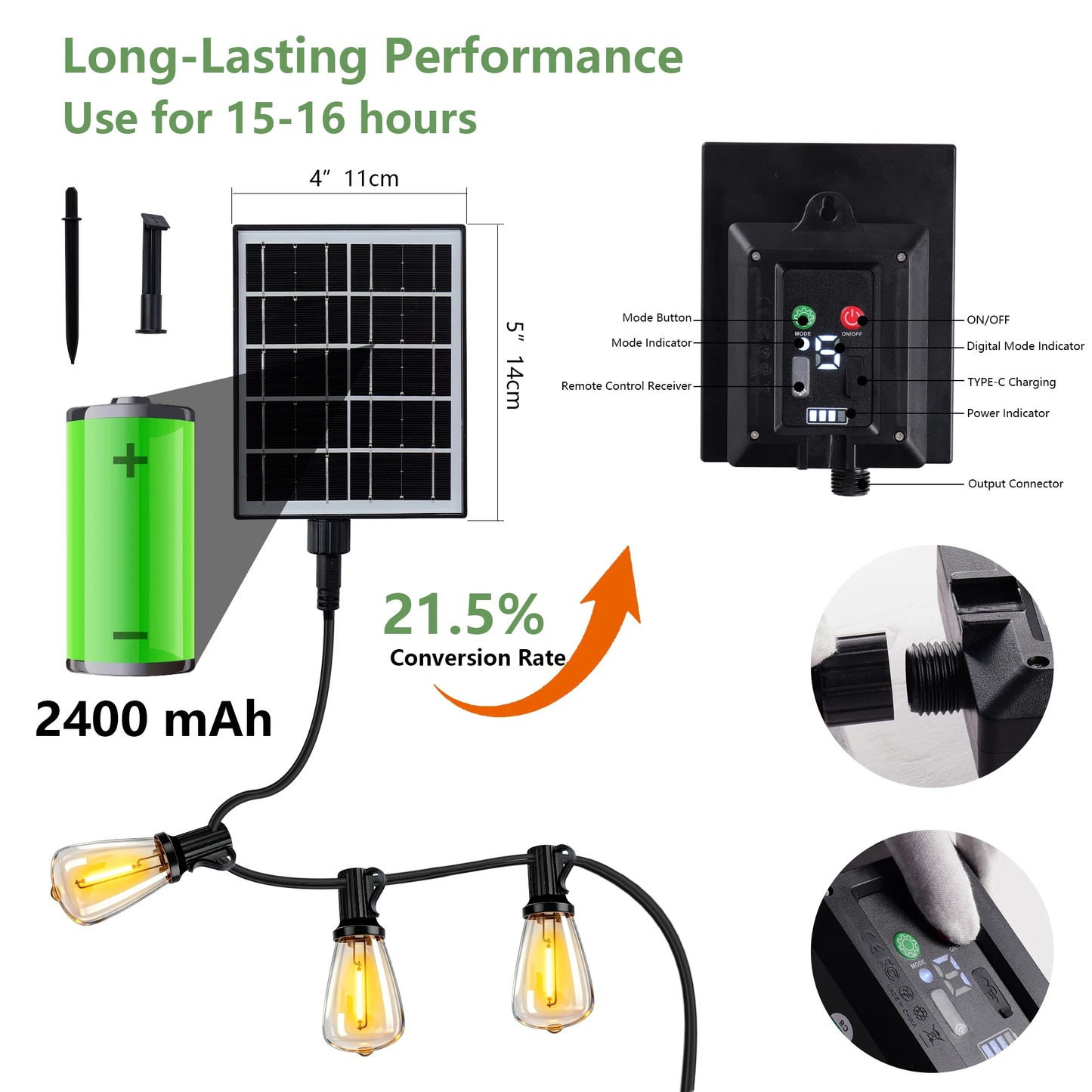 ARLGSITE Solar Outdoor String Lights IP65 Waterproof Remote Dimmable