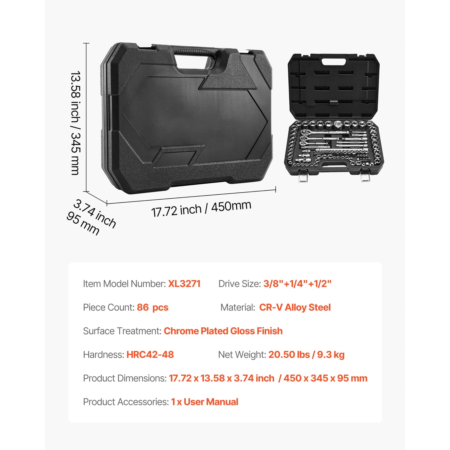 SucceBuy 86 Piece Socket Set SAE And Metric With Ratchet