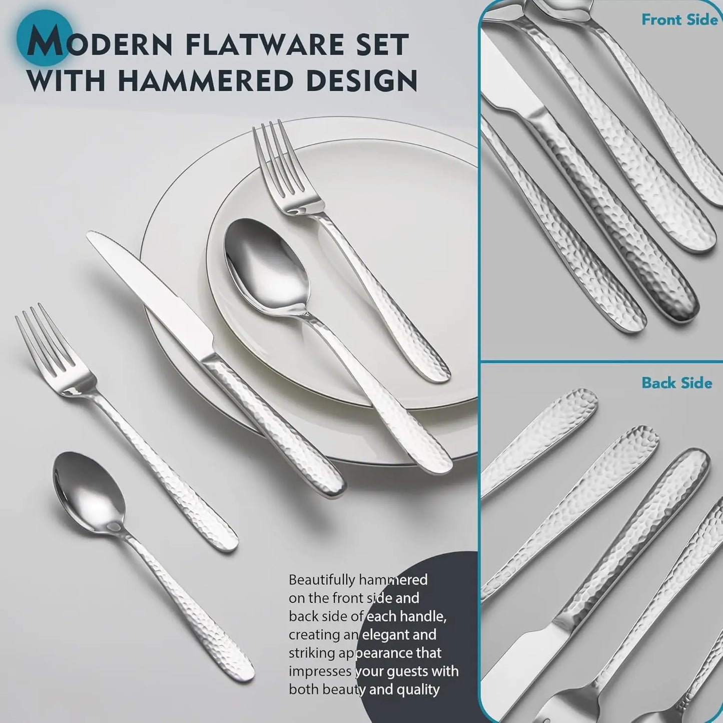 Hammered Stainless Steel Flatware Set In Mirror Finish Dishwasher Safe