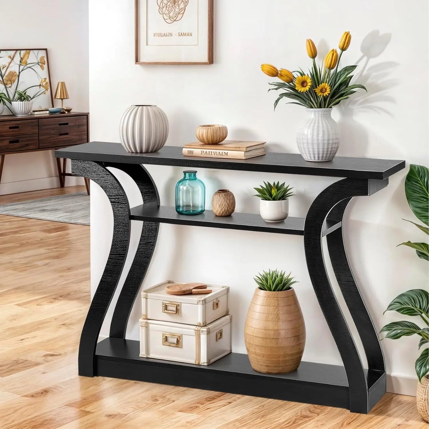 Minimalist Wood Console Table For Entryway With 3 Tier Storage