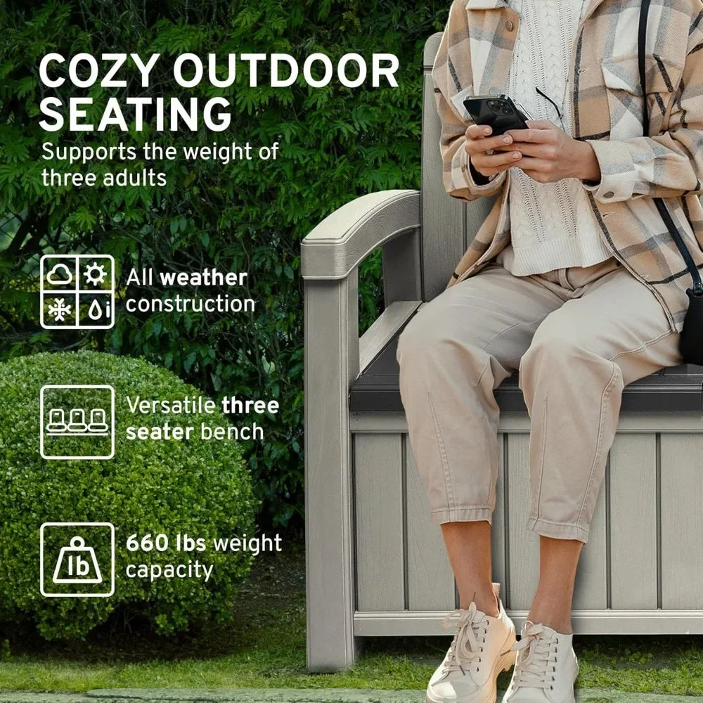 Outdoor Storage Bench 90 Gallon Capacity Weatherproof Resin