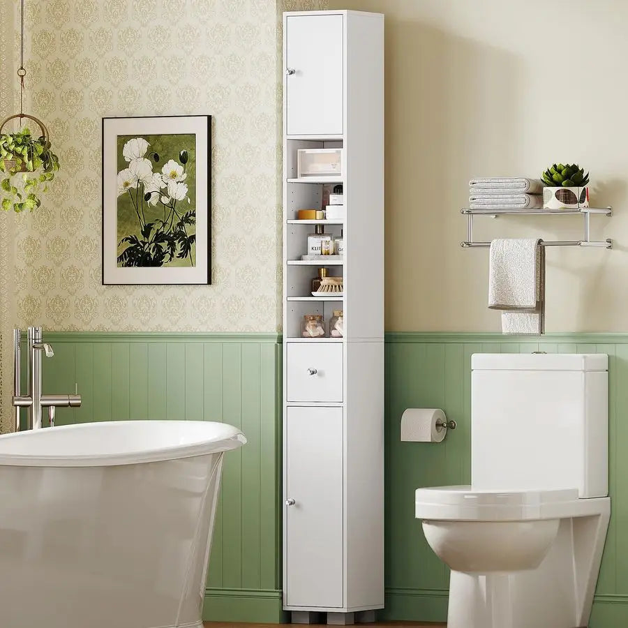 XMSJ Narrow Bathroom Cabinet With Adjustable Shelves And Drawer
