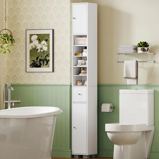 XMSJ Narrow Bathroom Cabinet With Adjustable Shelves And Drawer