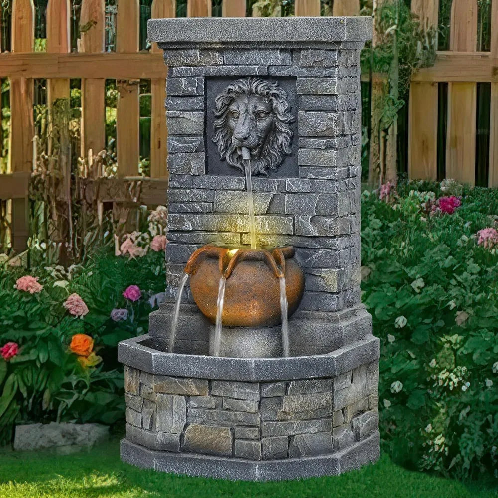 Outdoor Lion Head Stone Water Fountain With Lights Floor Standing