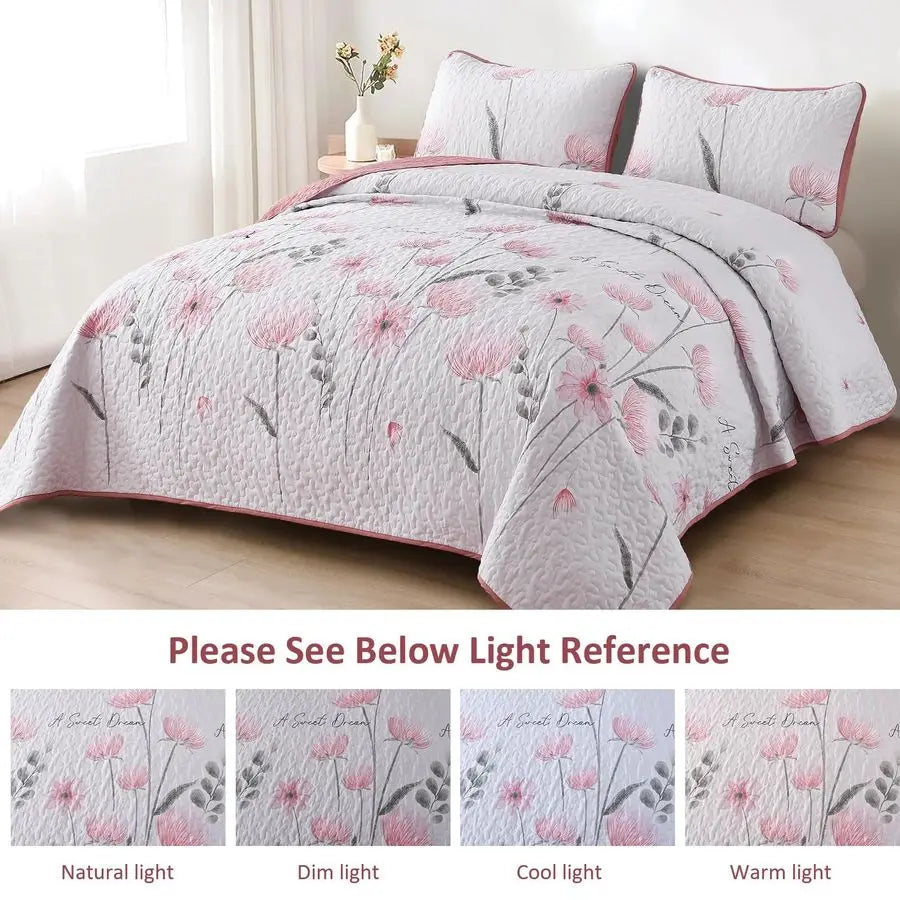 Floral Quilt Set 3 Piece Wool Filled Lightweight Farmhouse Bedding