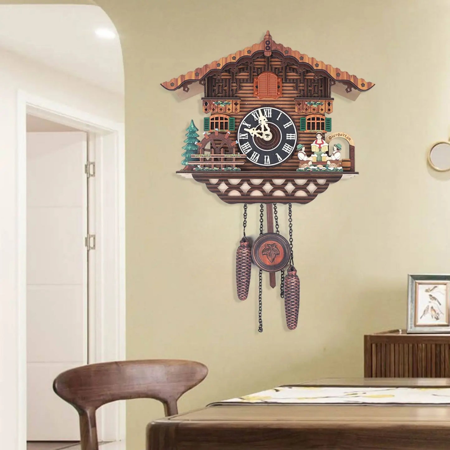 Creative Bird Cuckoo Wall Clock With Swinging Wings Wooden Quartz