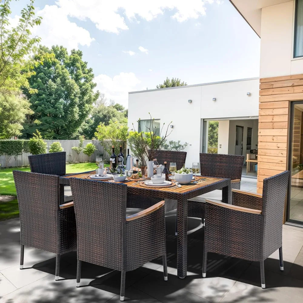 7 Piece Outdoor Wicker Patio Dining Set With Wooden Table