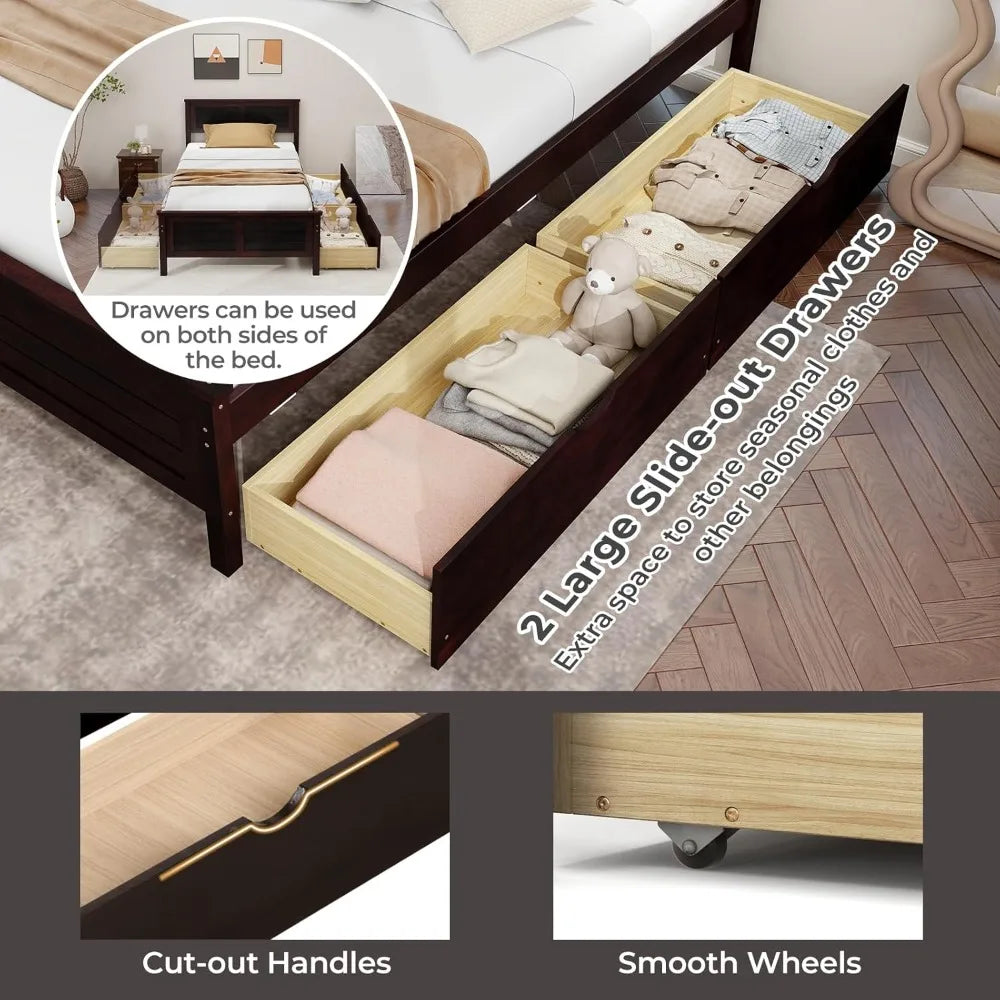 Wood Twin Platform Bed With Headboard And Slat Support