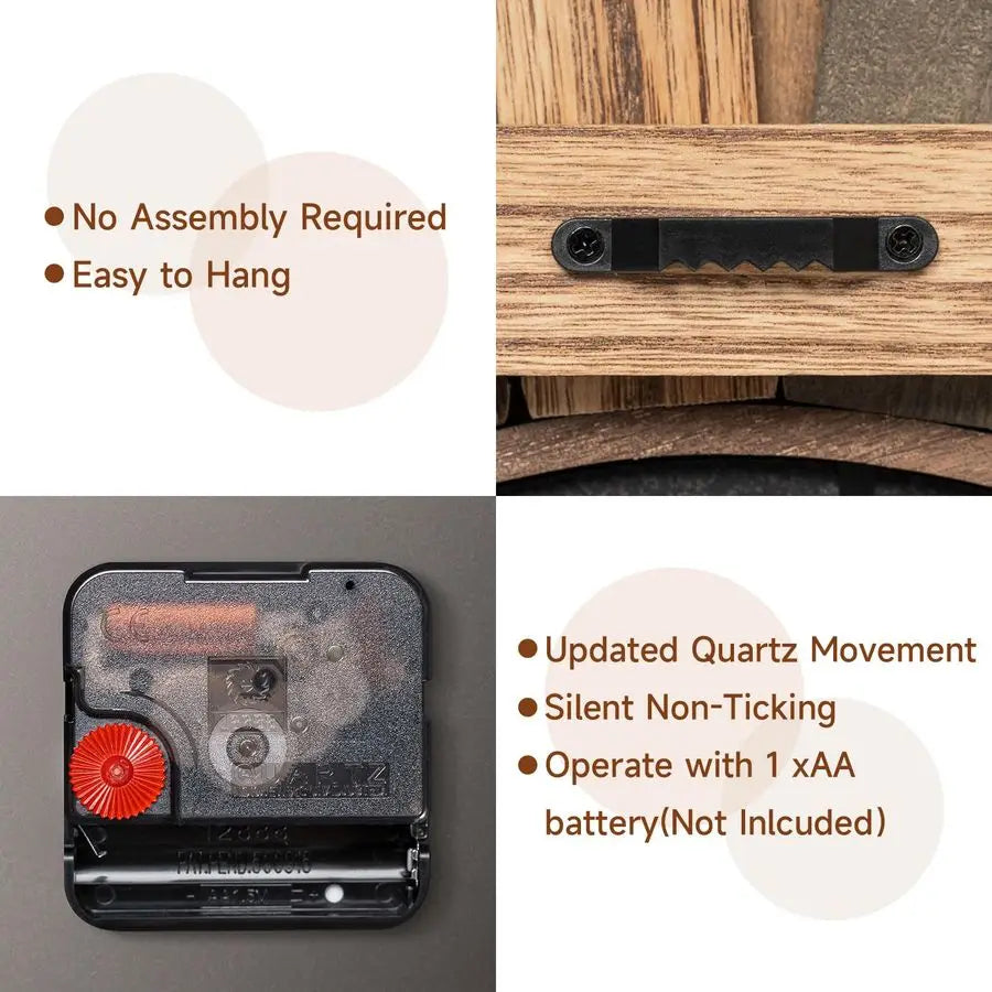 Rustic Wood Boho Sunburst Wall Clock Quiet Quartz Movement