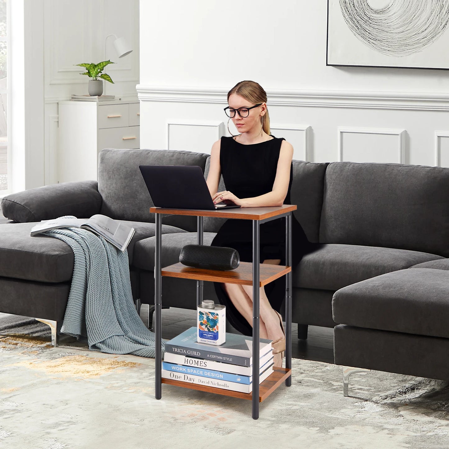 JHK 2/3-Tier End Table With Adjustable Feet Steel Frame