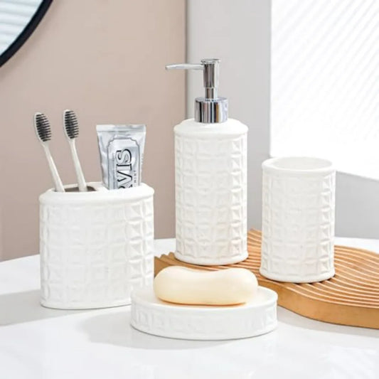 4-Piece Bathroom Accessory Set - White Ceramic Bathroom Decor for Counter Organization with Soap Dispenser Toothbrush Holder Tu