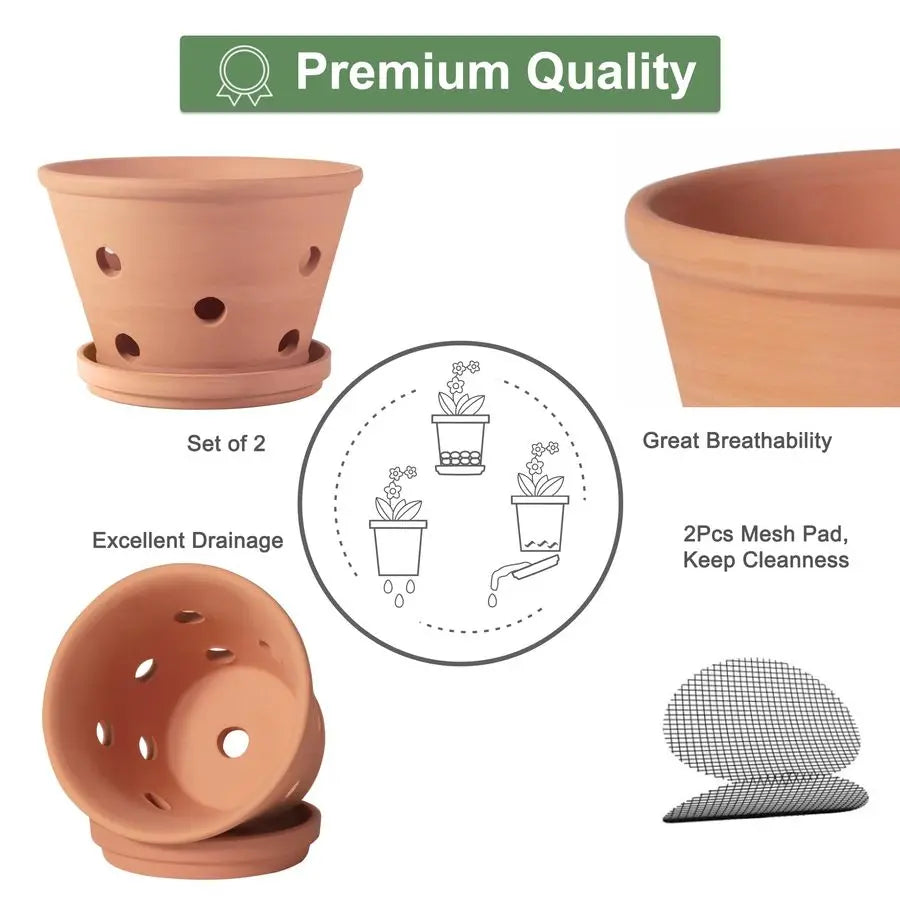Terracotta Orchid Pots With Holes And Saucers 2 Pack