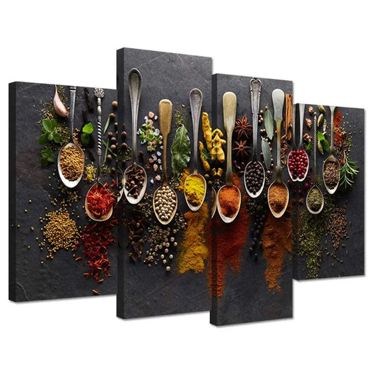 Kitchen Spice In Spoon Vintage Canvas Wall Art Set 4 Pieces