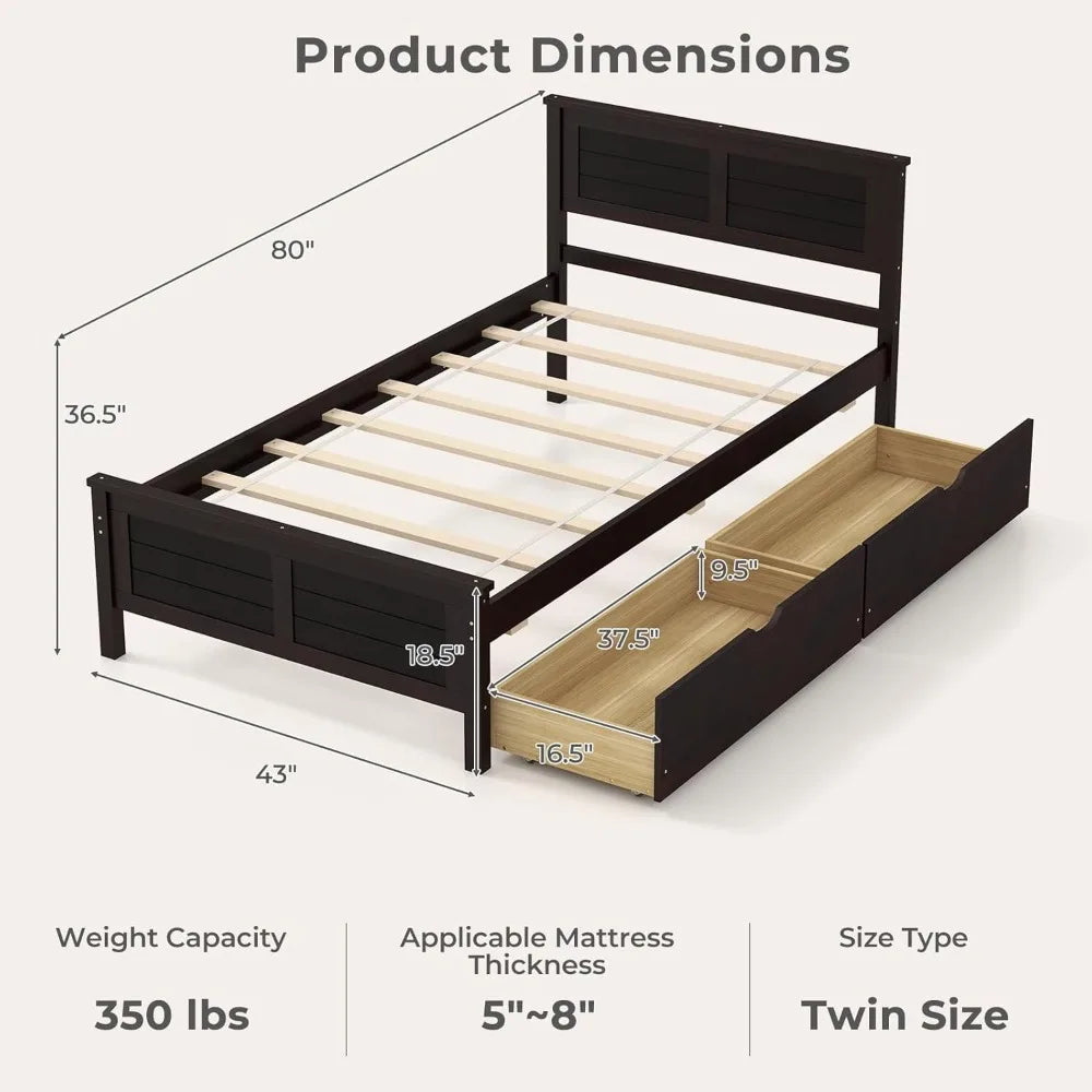 Wood Twin Platform Bed With Headboard And Slat Support