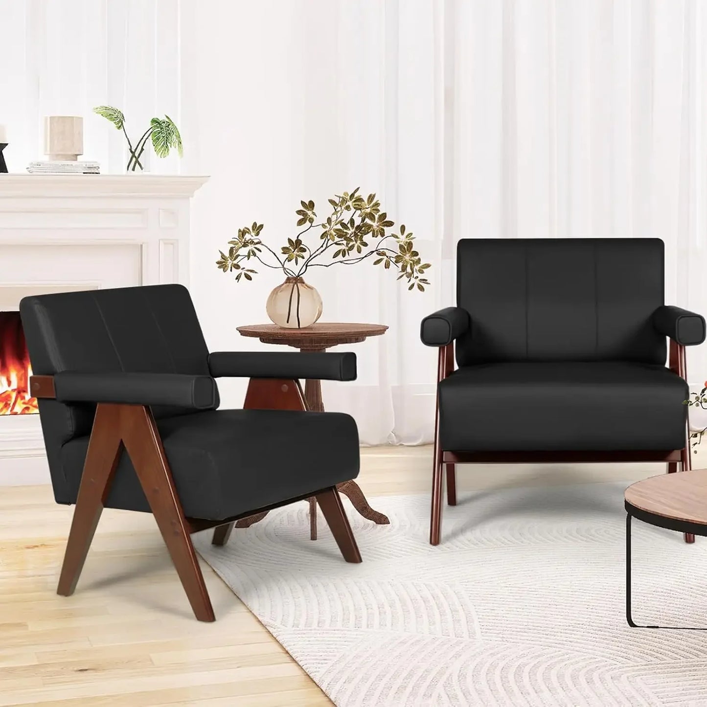 Mid Century Modern Leather Chairs Set Of 2 Wood Arms