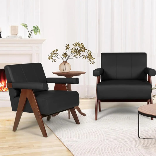 Mid Century Modern Leather Chairs Set Of 2 Wood Arms
