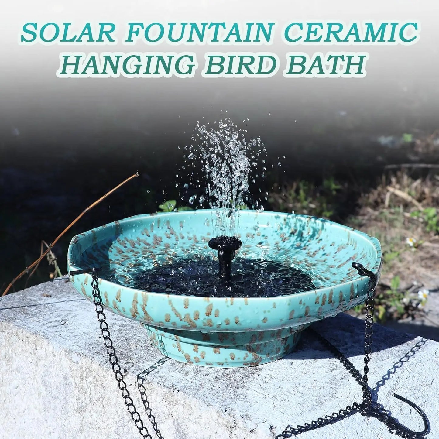 Solar-Powered Ceramic Hanging Bird Bath with Fountain for Outdoor Garden