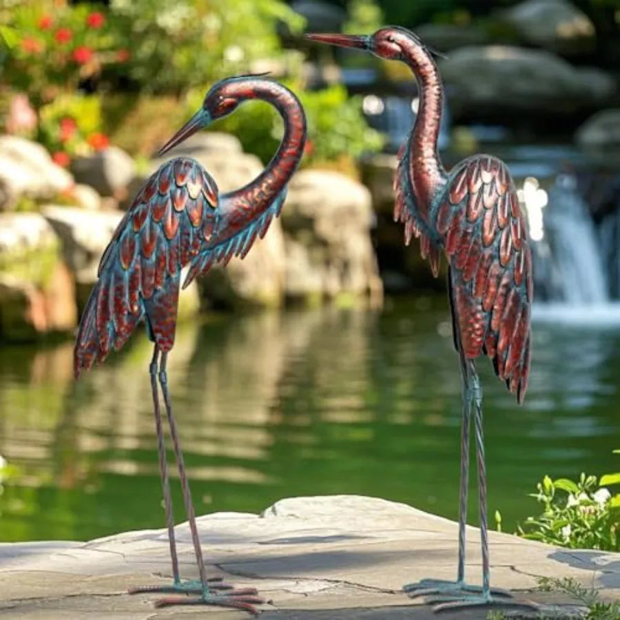 SHXI Metal Crane Statues Set Of 2 Bronze Heron Garden Decor Outdoor Weatherproof
