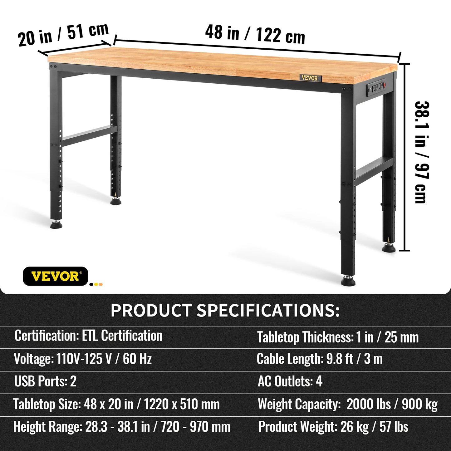 Woodworking Workbench With Adjustable Height Oak Top